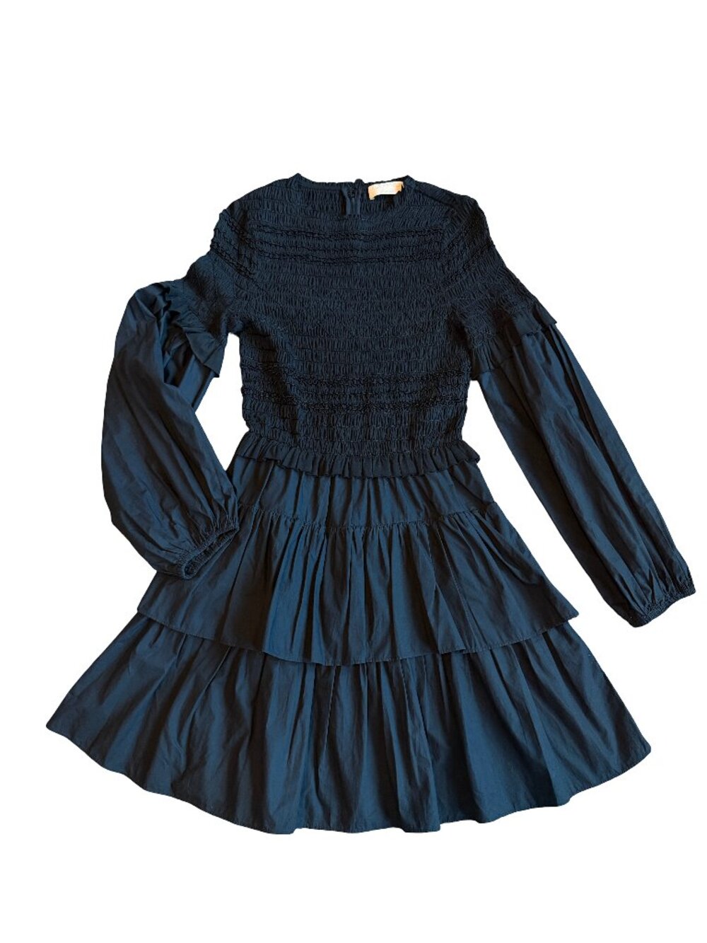 Ulla Johnson Black Smocked Tiered Ruffle Long Sleeve Nadia Dress Size 0 Women's